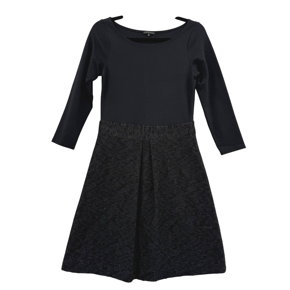 Theory Fit and Flare Dress 8 Black Boatneck Mixed Material Tweed Skirt Old Money